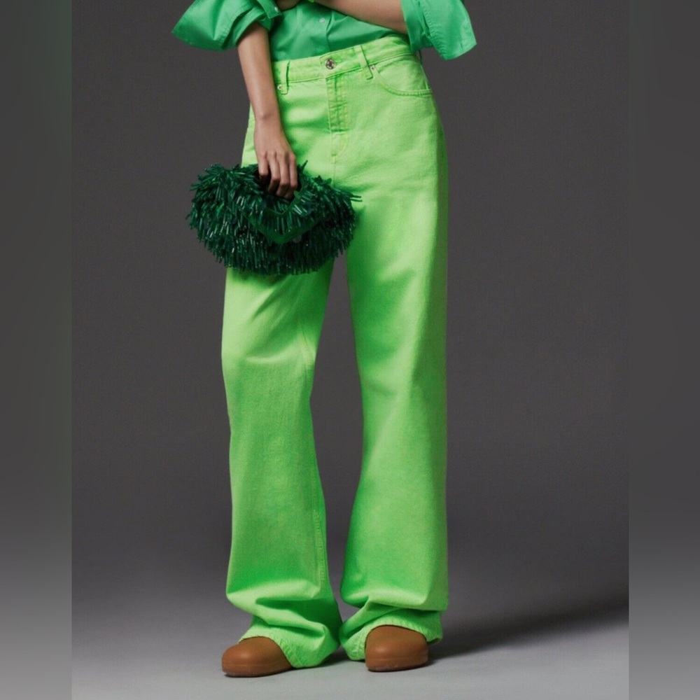 ZARA Green wide leg high waisted jeans